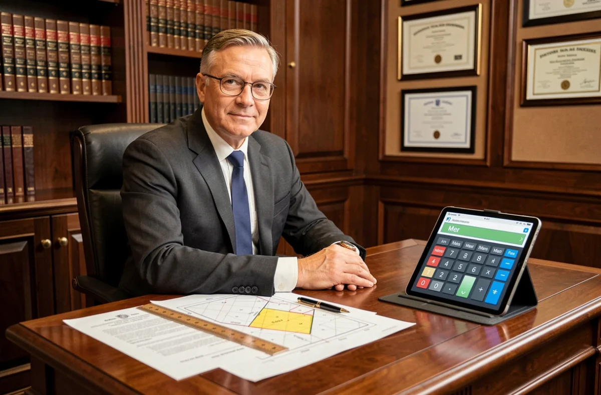 Notaire vérifiant les calculs de surface en m2 sur tablette avec documents cadastraux sur bureau officiel