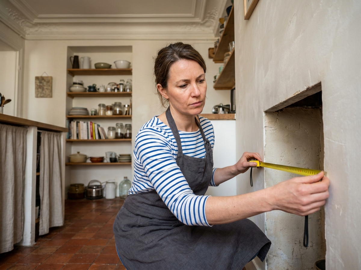 Femme mesurant une niche murale dans une cuisine ancienne d'un appartement nantais pour optimiser l'espace de rangement