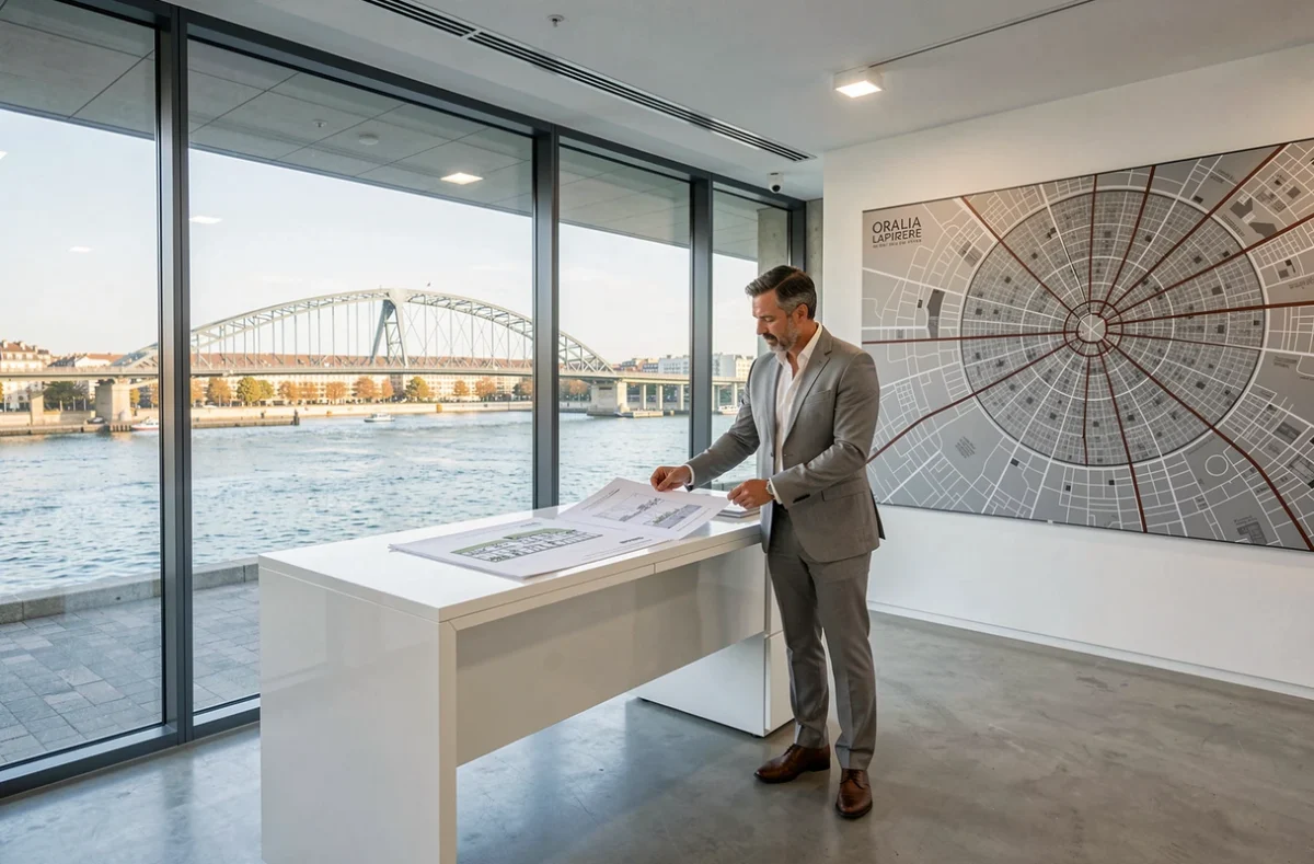 Agent immobilier d'Oralia Lapierre Des Deux Rives dans un bureau moderne avec vue sur la Garonne et le pont Chaban-Delmas