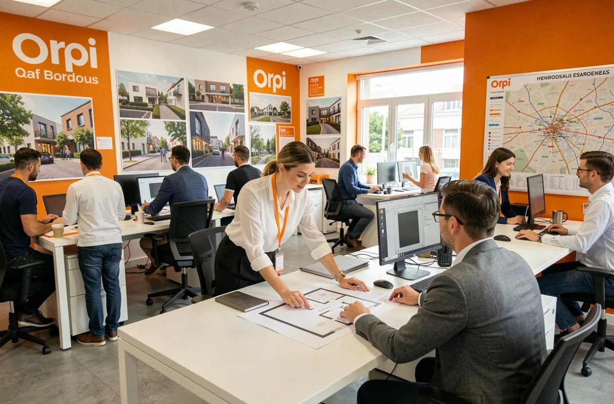 Vue intérieure de l'agence Orpi Bordeaux avec des agents immobiliers en train de conseiller leurs clients