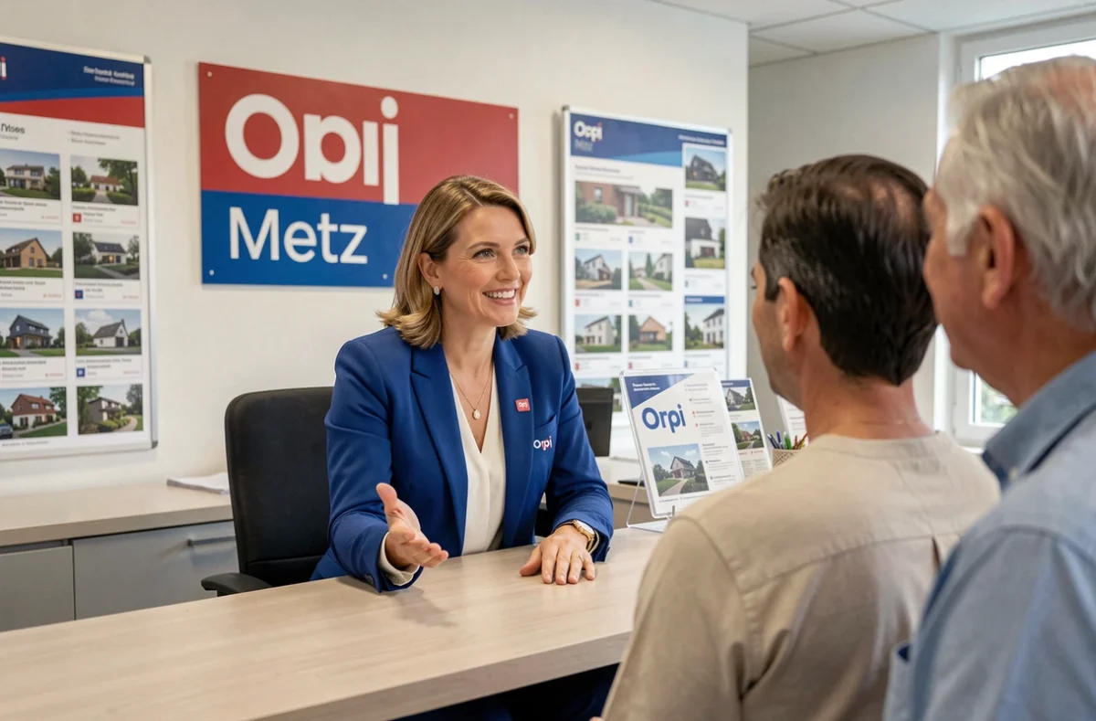 Agente Orpi accueillant des clients dans l'agence immobilière à Metz