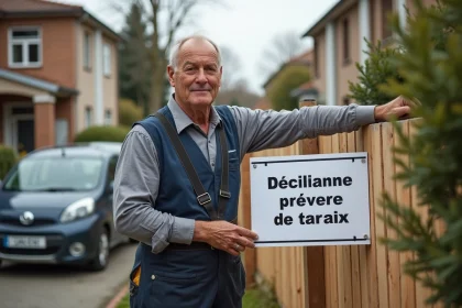 Homme en overalls fixant une declaration travaux sur une cloture