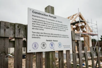Panneau de permis de construire affiché sur un chantier résidentiel en France avec structure de maison en fond