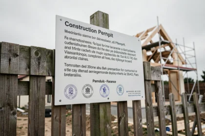 Panneau de permis de construire affiché sur un chantier résidentiel en France avec structure de maison en fond