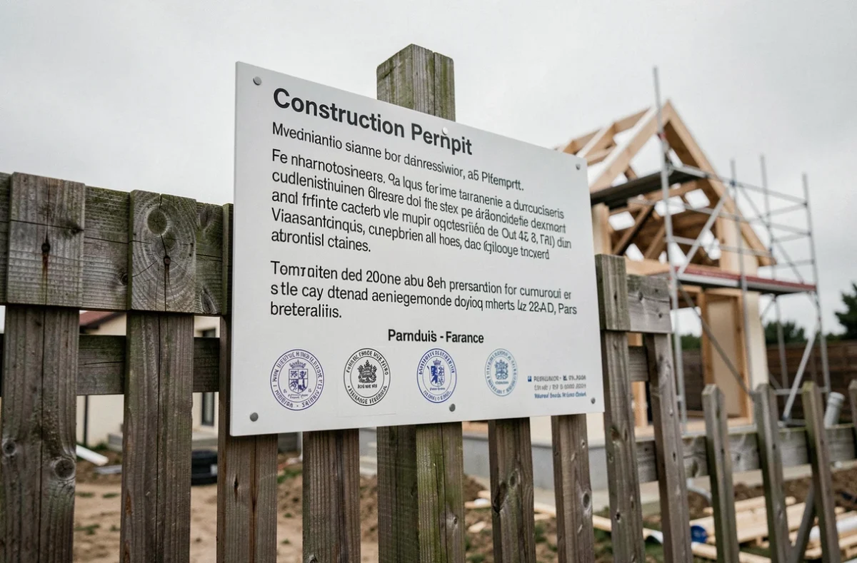 Panneau de permis de construire affiché sur un chantier résidentiel en France avec structure de maison en fond