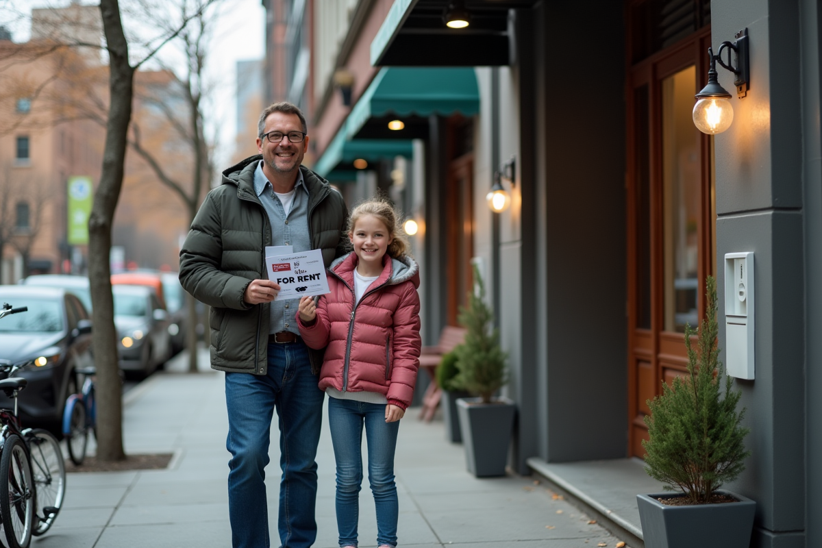 Pere et fille tenant une brochure de location dans la ville