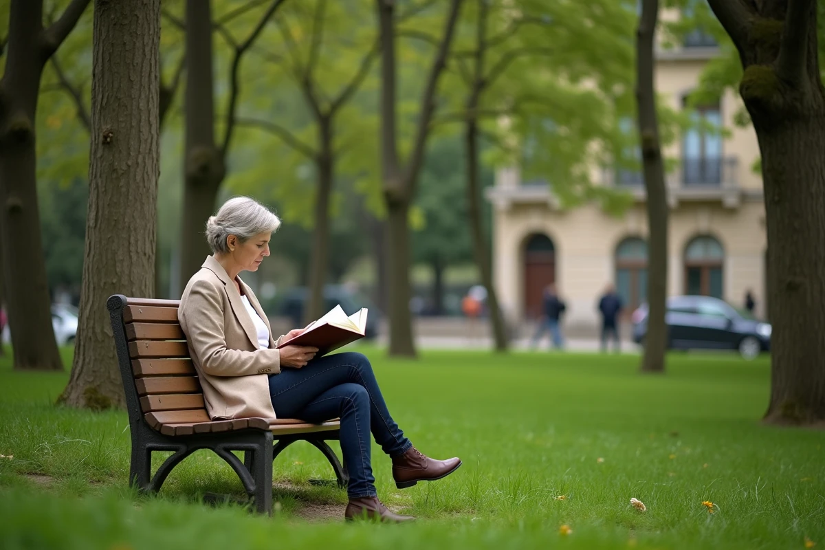 Femme lisant sur un banc dans le parc verdoyant du quartier Île Verte à Grenoble, entourée d'arbres matures et de façades haussmanniennes résidentielles