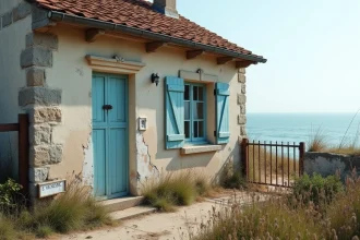 Petite maison en pierre à rénover au bord de mer avec volets bleus délavés et panneau À Vendre
