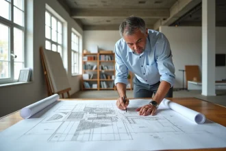 Urbaniste comparant deux plans de coupe terrain sur une table à dessin en studio d'architecture