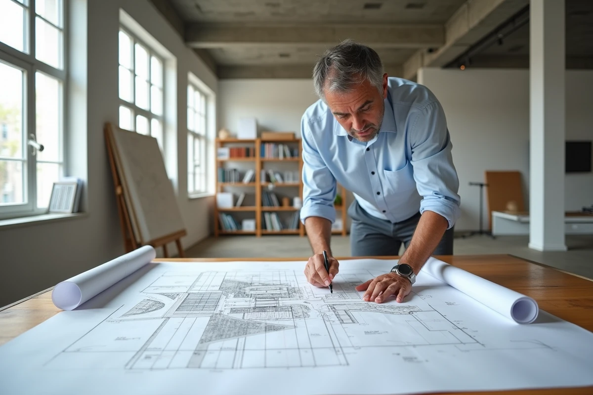 Urbaniste comparant deux plans de coupe terrain sur une table à dessin en studio d'architecture
