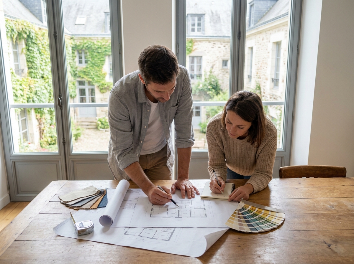 Couple étudiant des plans d'aménagement intérieur pour gagner des mètres carrés dans leur appartement à Nantes