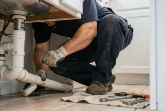 Plombier inspectant une canalisation bouchée sous un évier de cuisine