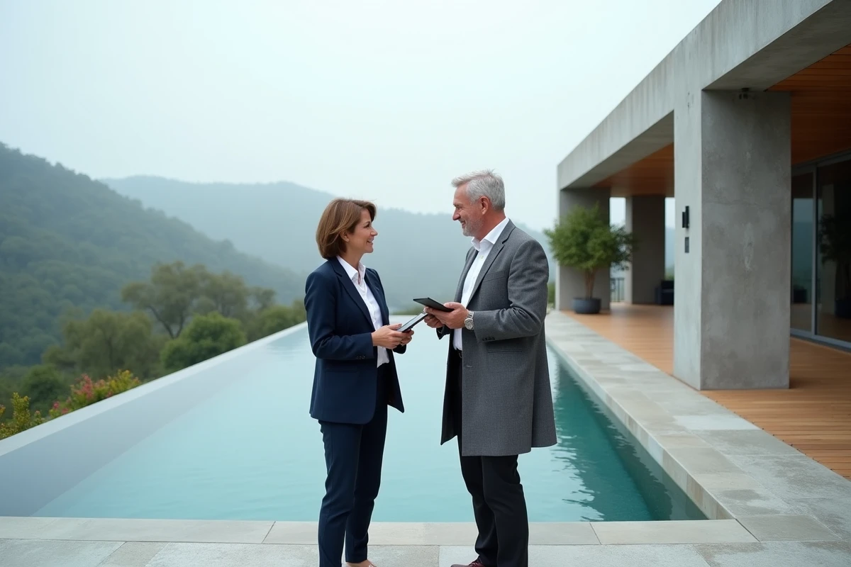 Deux experts immobiliers comparant leurs estimations sur la terrasse d'une villa de prestige avec piscine à débordement