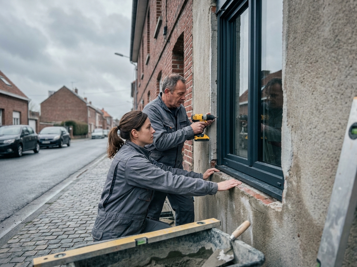 Deux menuisiers installant une fenêtre double vitrage sur une maison flamande à Dunkerque