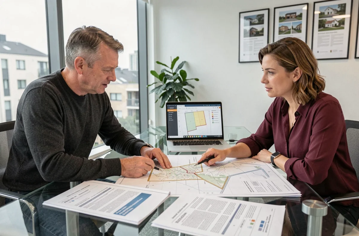 Deux professionnels de l'immobilier étudiant des cartes Géoportail et documents d'urbanisme pour évaluer un investissement locatif
