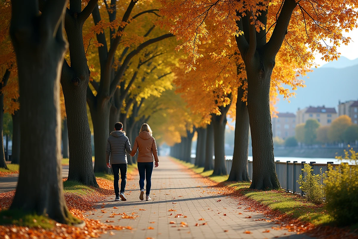 Promenade en bord d'Isère dans le quartier Île Verte de Grenoble en automne, couple se promenant sous les platanes dorés avec le massif du Vercors en arrière-plan