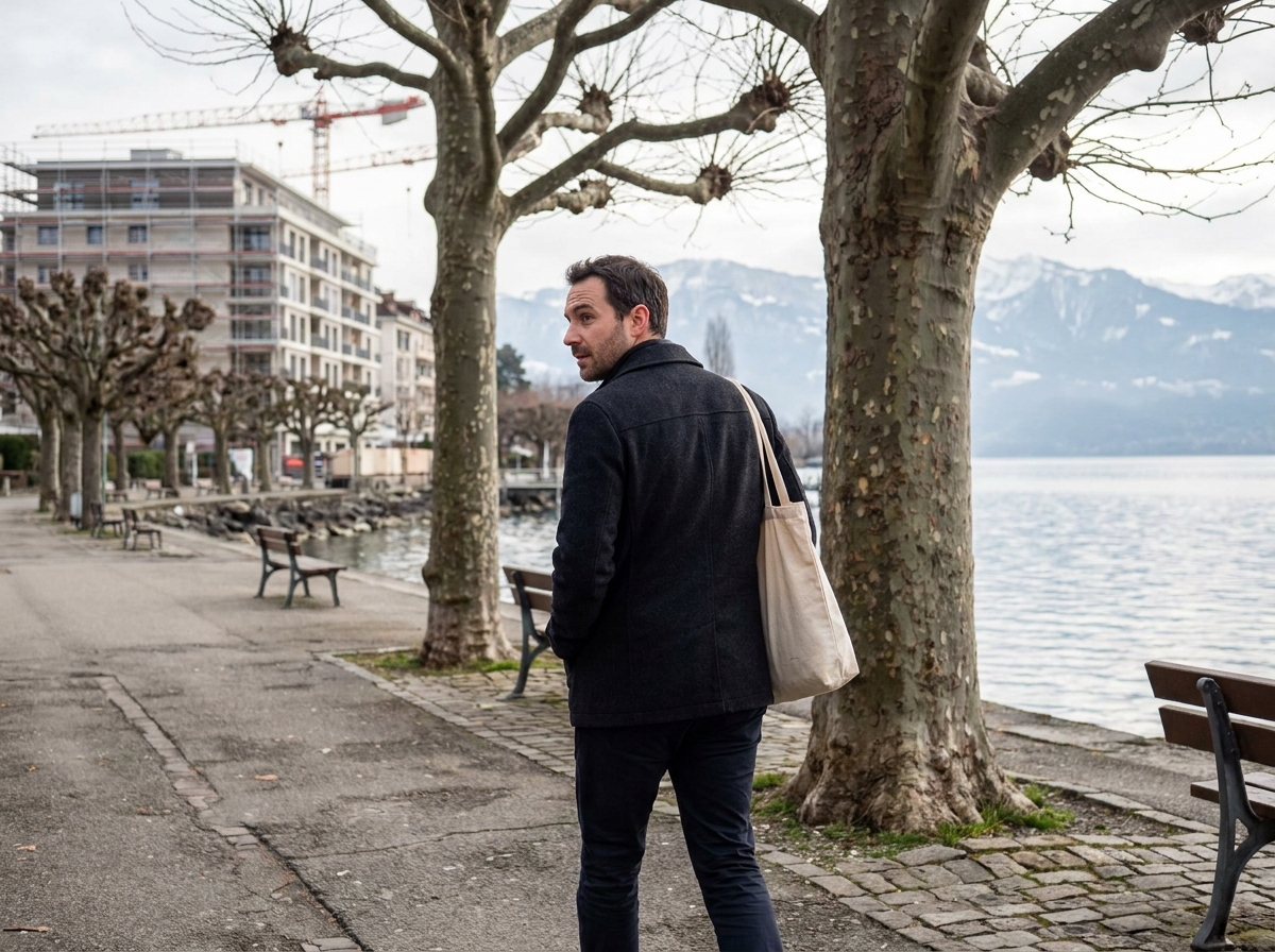 Homme se promenant sur les bords du lac Léman à Thonon-les-Bains avec un immeuble neuf en arrière-plan