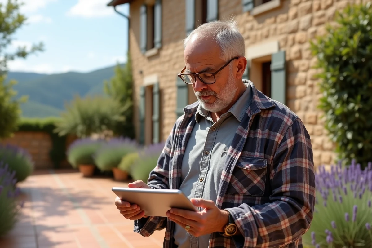 Propriétaire de gîte rural en Provence consultant les nouveautés 2026 du bureau Gîtes de France sur une tablette devant sa maison