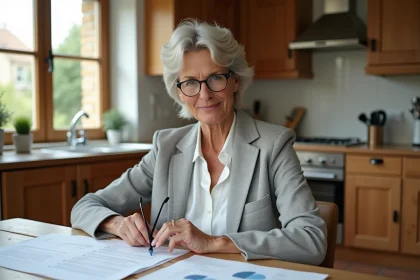 Propri&eacute;taire vendeuse consultant les documents ERRIAL pour la vente de son bien immobilier &agrave; domicile