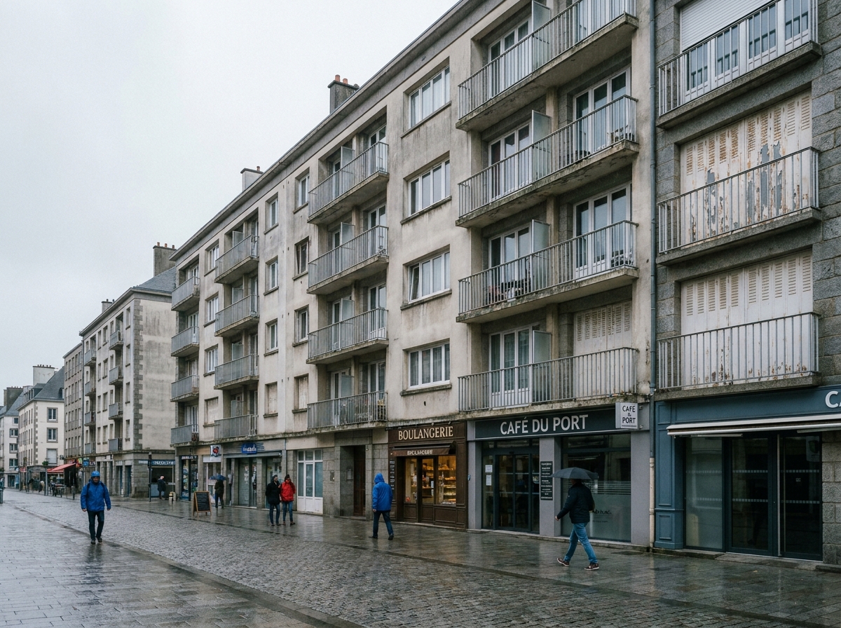 Vue de rue d'un quartier résidentiel de Brest avec immeubles d'après-guerre illustrant l'évolution des prix immobiliers dans la ville
