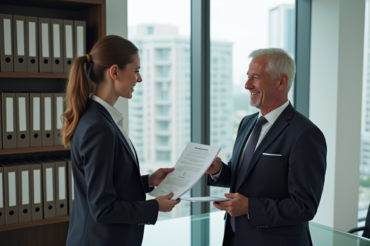 Jeune femme remettant un formulaire de garantie au propriétaire dans un bureau