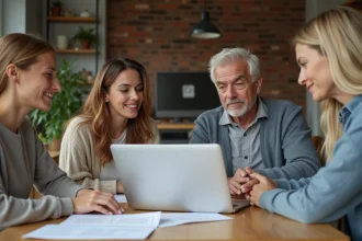 Trois personnes discutent autour d'une table de cuisine moderne