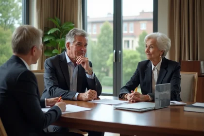 Couple d'affaires en r&eacute;union immobiliere dans un bureau &eacute;l&eacute;gant