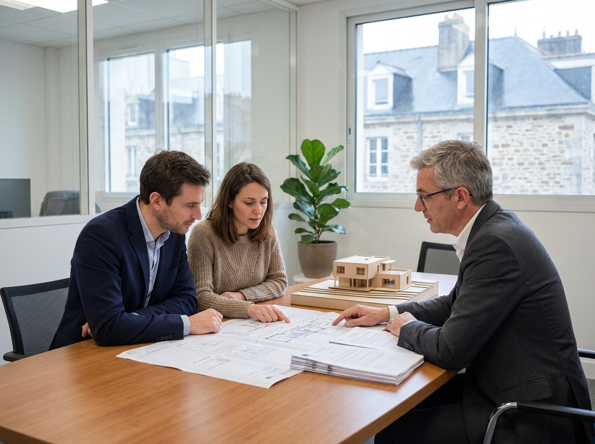 Couple discutant d'un contrat de construction avec un entrepreneur dans un bureau immobilier à Nantes avec plans et maquette de maison sur la table