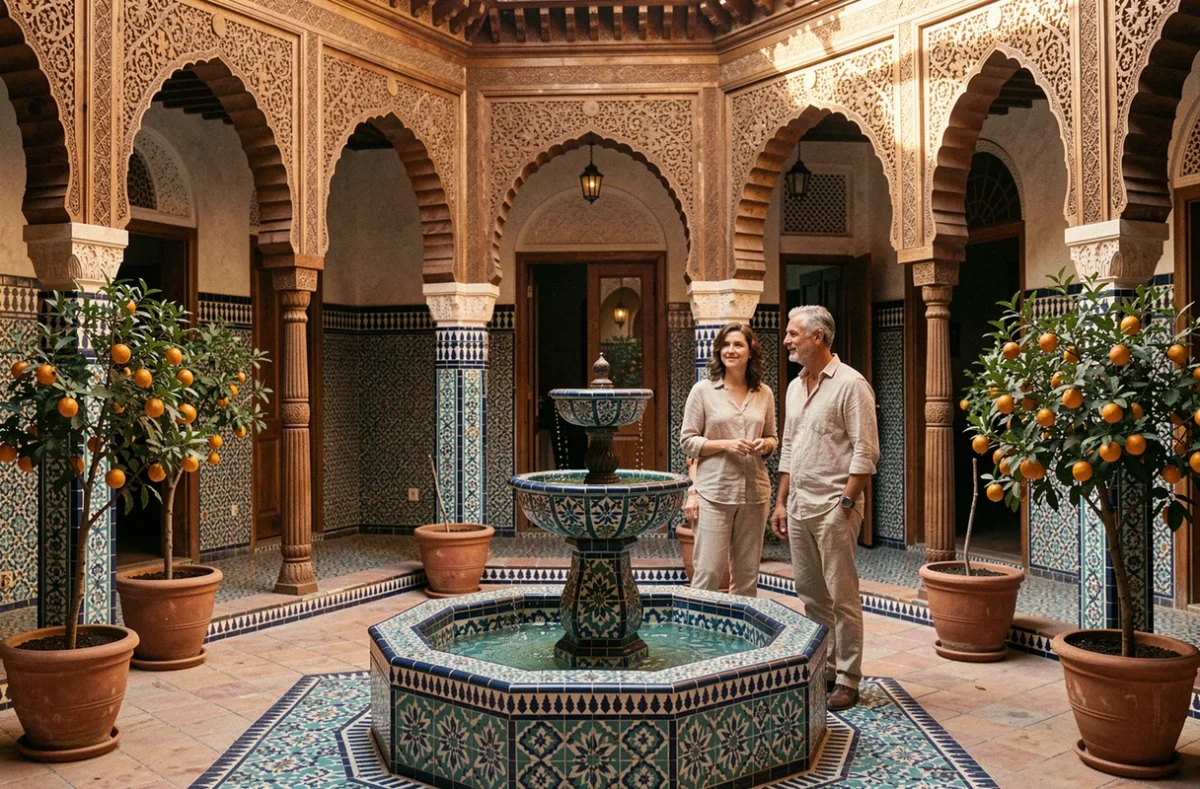 Intérieur d'un riad de luxe à Marrakech avec fontaine en zellige et boiseries en cèdre sculpté, couple visitant la propriété