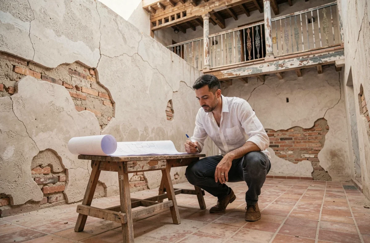 Architecte étudiant les plans de rénovation d'un riad à rénover dans la médina de Marrakech avec murs en plâtre ancien