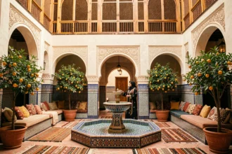 Intérieur rénové d'un riad à Marrakech avec fontaine en zellige, arches sculptées et décoration traditionnelle marocaine
