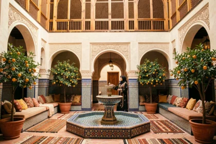 Intérieur rénové d'un riad à Marrakech avec fontaine en zellige, arches sculptées et décoration traditionnelle marocaine