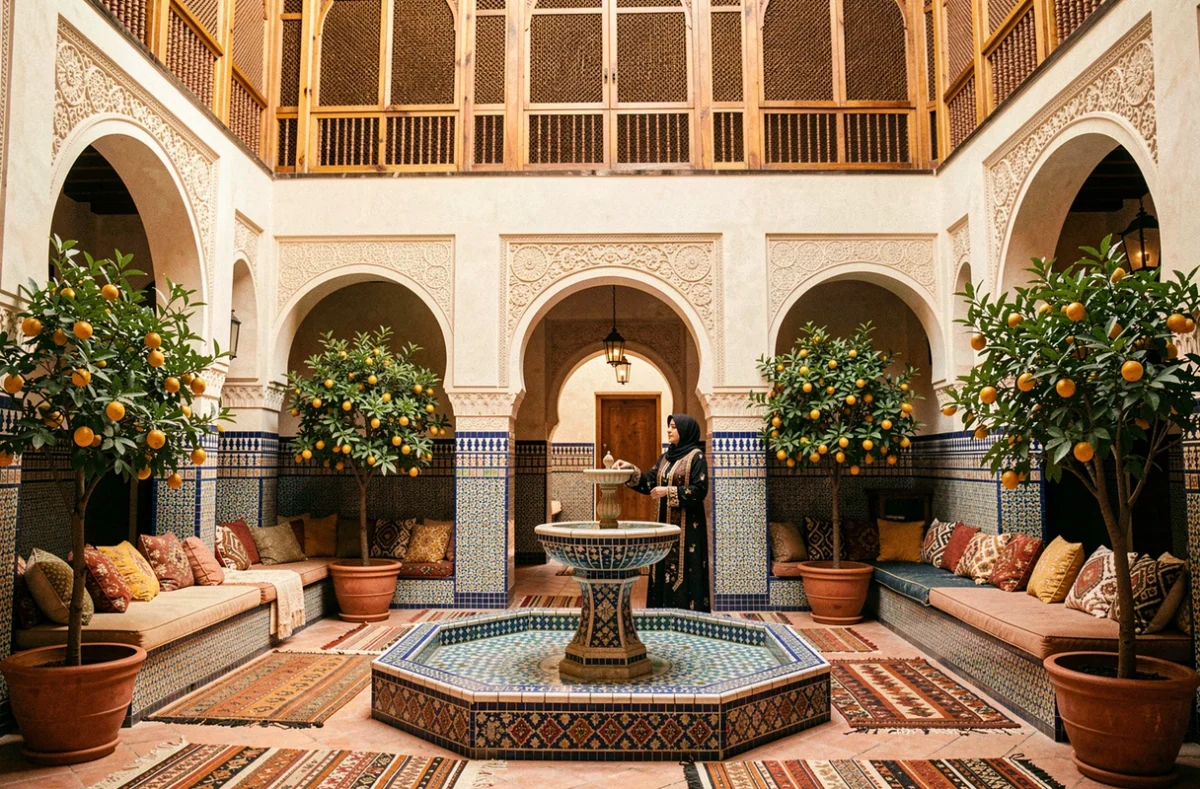 Intérieur rénové d'un riad à Marrakech avec fontaine en zellige, arches sculptées et décoration traditionnelle marocaine