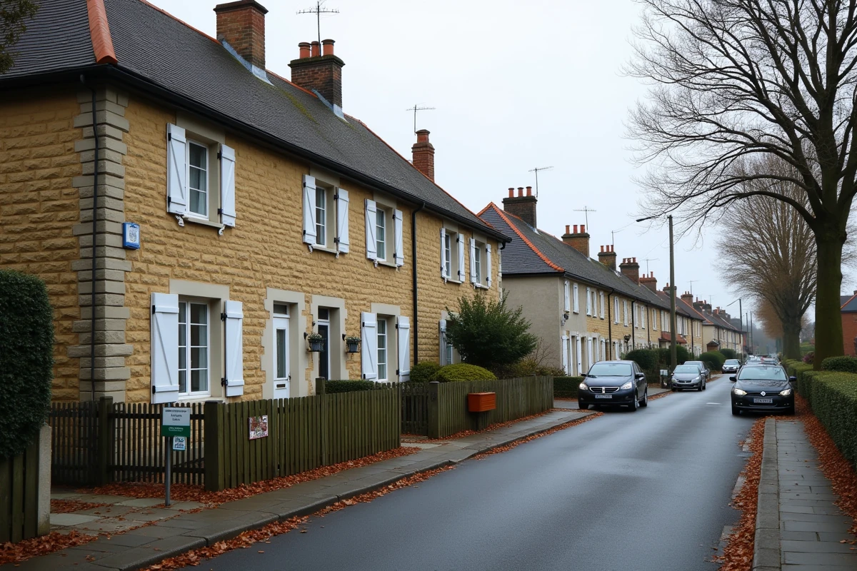 Rue résidentielle française avec panneaux de vente immobilière et maisons pavillonnaires en 2026
