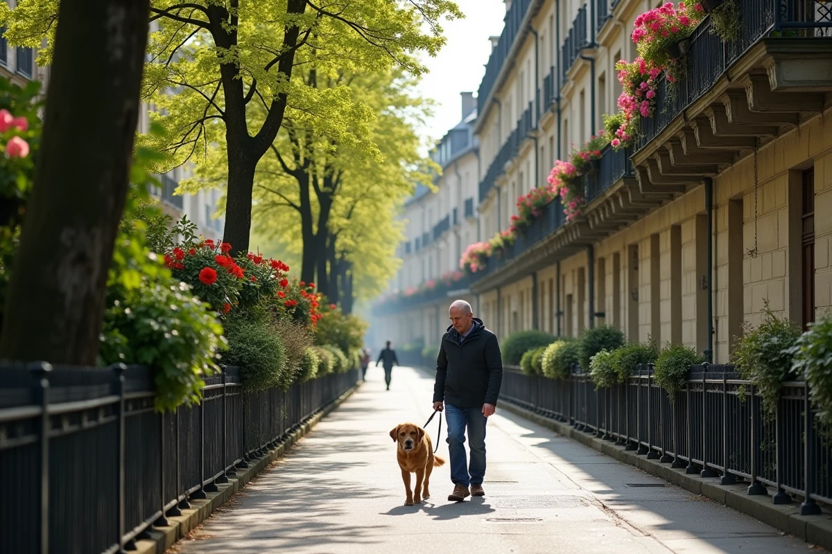 Rue résidentielle calme de l'Île Verte à Grenoble au printemps, homme promenant son chien sous les tilleuls devant des immeubles anciens avec balcons fleuris