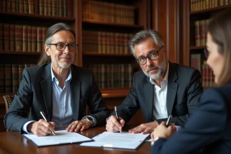 Couple signant un acte de vente immobilier chez le notaire avec des documents officiels sur un bureau en bois