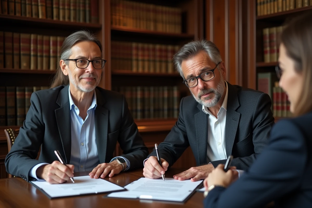 Couple signant un acte de vente immobilier chez le notaire avec des documents officiels sur un bureau en bois