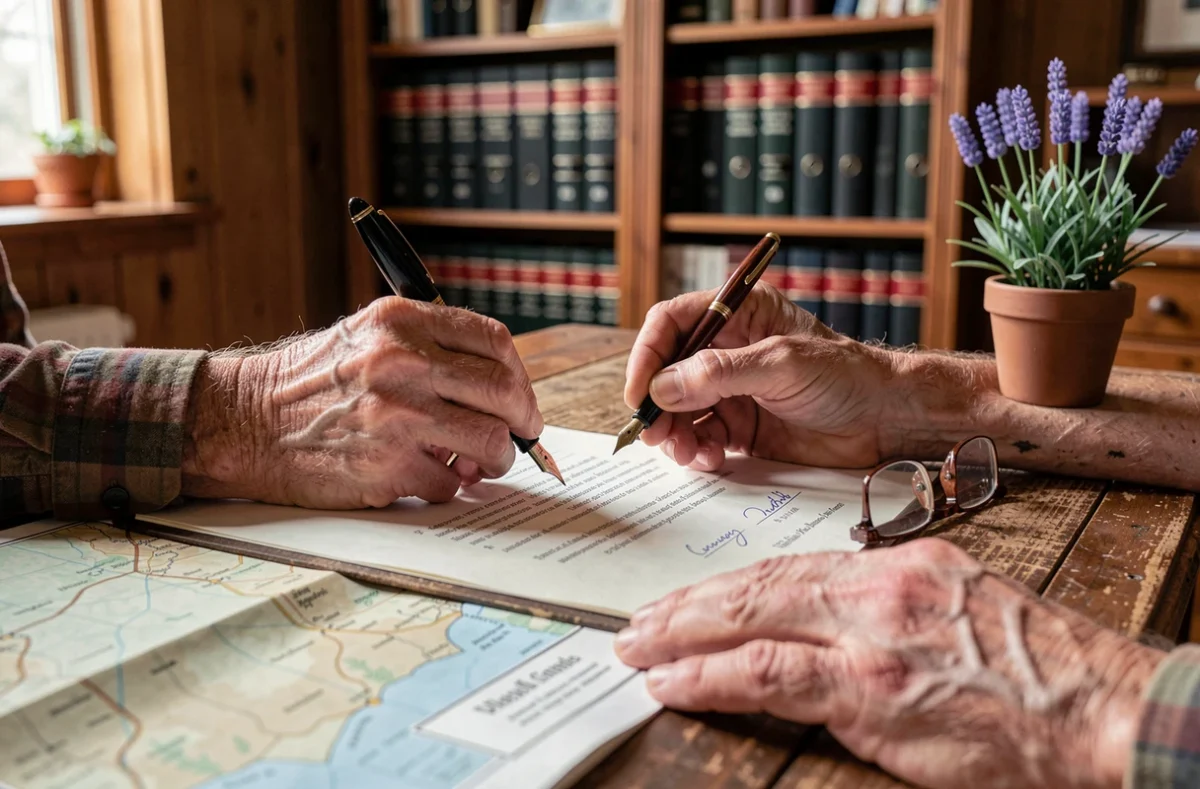 Mains d'un agriculteur signant un bail rural devant un notaire, stylo plume et documents officiels sur un bureau en bois