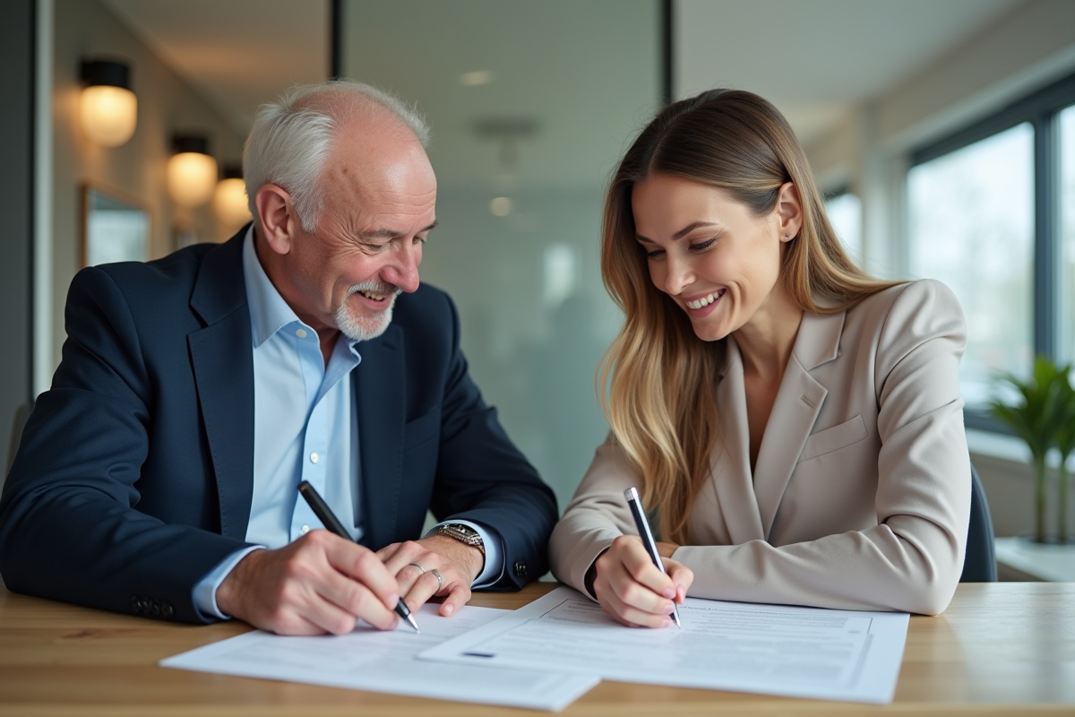 Jeune femme signant un contrat immobilier avec un agent dans un bureau lumineux