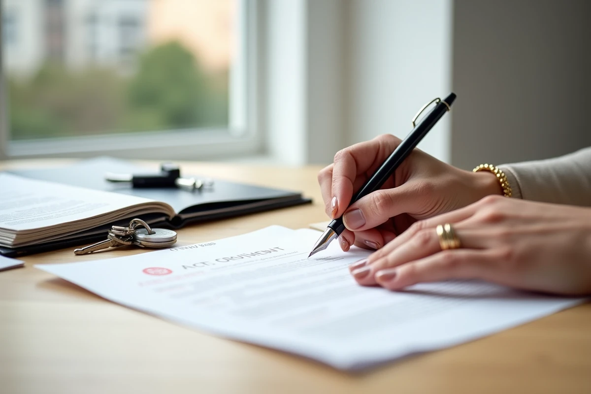 Signature d'un document juridique de copropriété avec clés d'appartement illustrant la garantie d'éviction du code civil