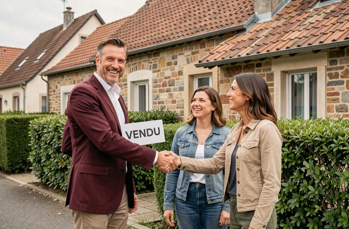 Agent Stéphane Plaza Immobilier célébrant une vente réussie devant une maison à Metz