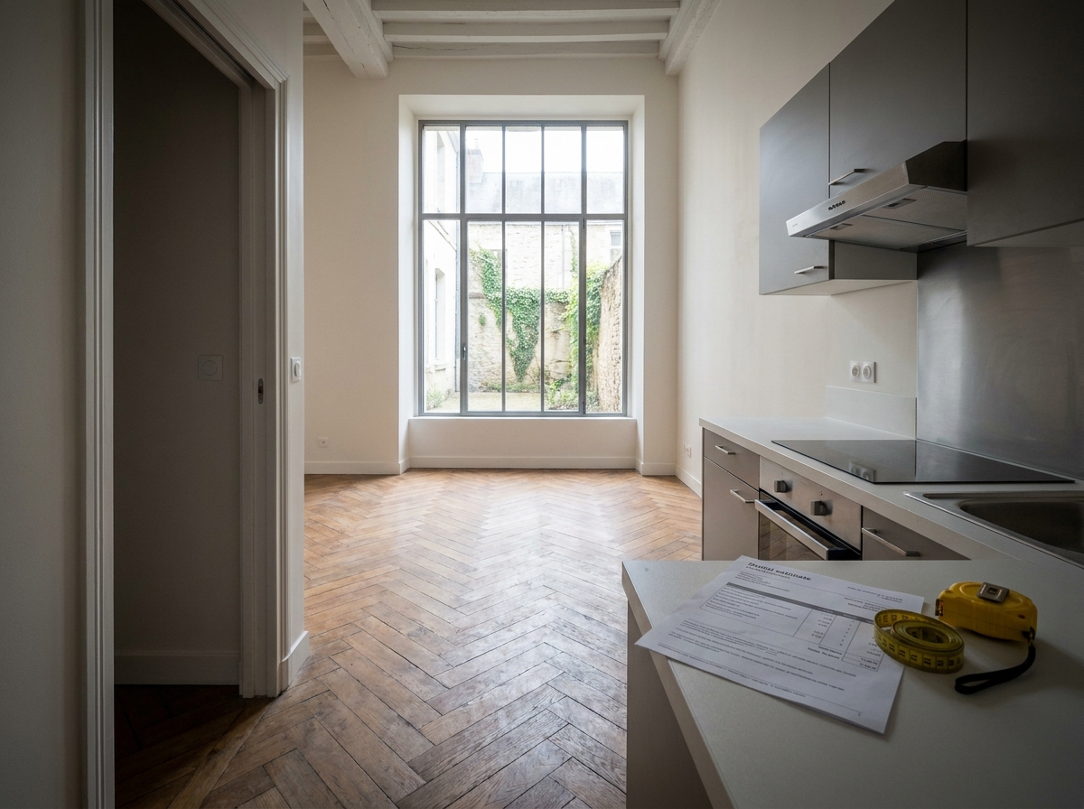 Studio rénové dans un immeuble ancien à Nantes avec estimation locative posée sur le comptoir de cuisine