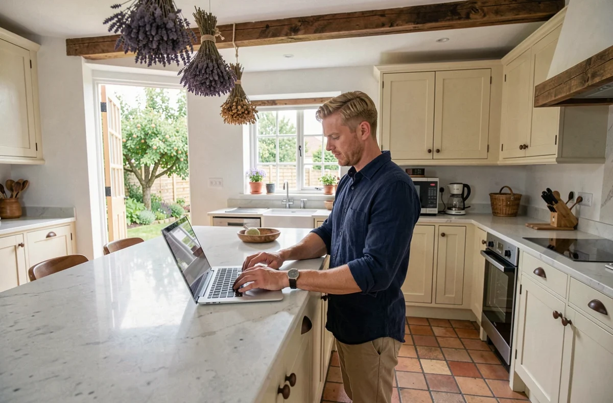 Homme en télétravail dans une cuisine rénovée d'une maison en location en Seine-Maritime avec jardin normand