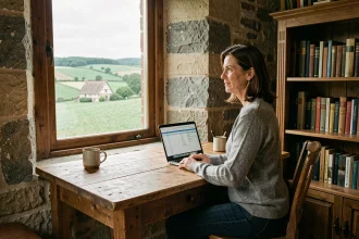 Femme en télétravail dans une maison normande à colombages avec vue sur la campagne de Seine-Maritime