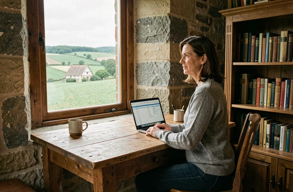 Femme en télétravail dans une maison normande à colombages avec vue sur la campagne de Seine-Maritime