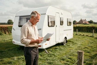 Homme examinant un document administratif devant une caravane blanche installée sur un terrain herbeux en milieu rural