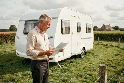 Homme examinant un document administratif devant une caravane blanche installée sur un terrain herbeux en milieu rural