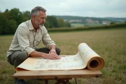 Architecte étudiant un plan cadastral sur un terrain rural destiné à une tiny house