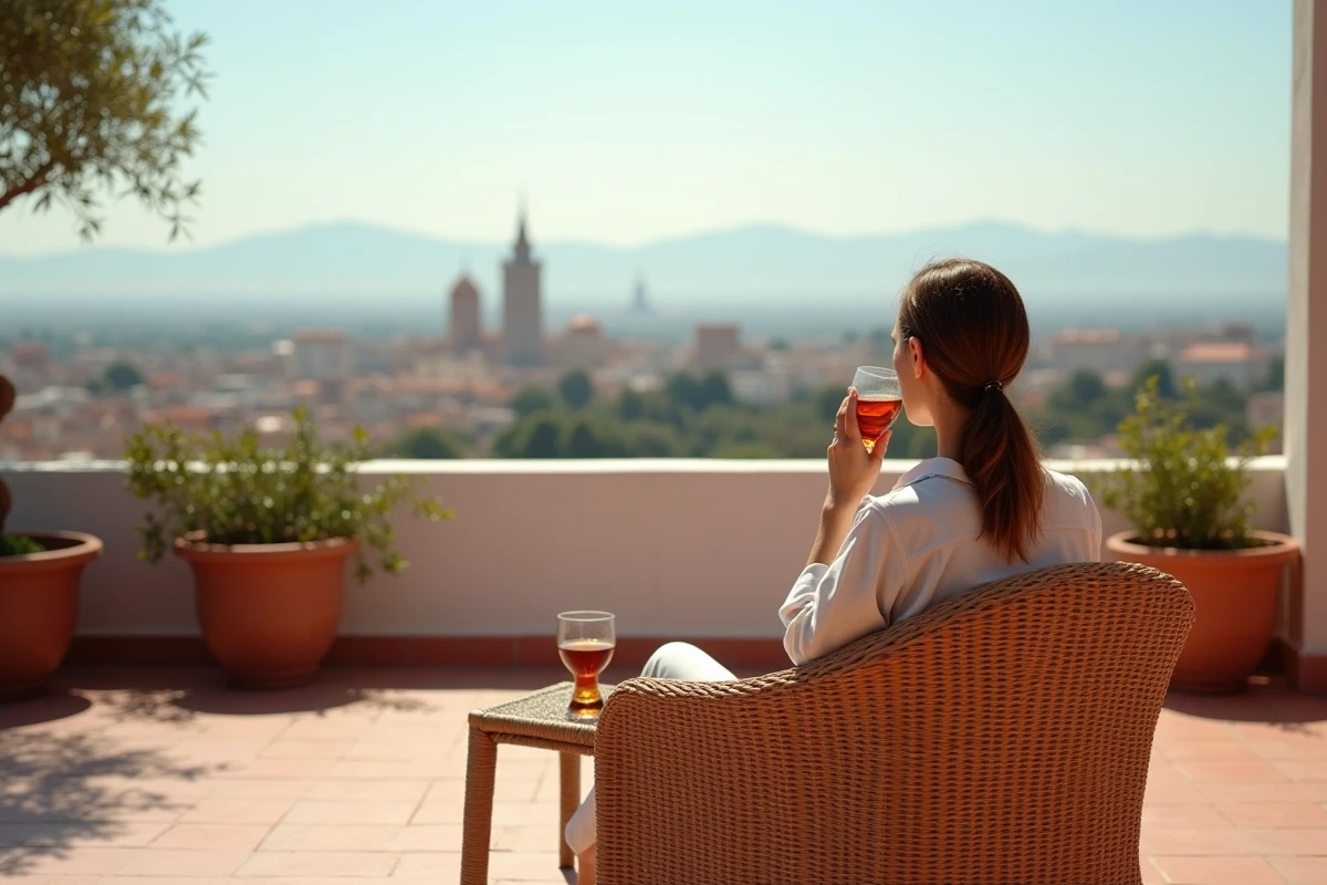 Femme profitant de la terrasse d'un appartement avec vue panoramique sur Marrakech