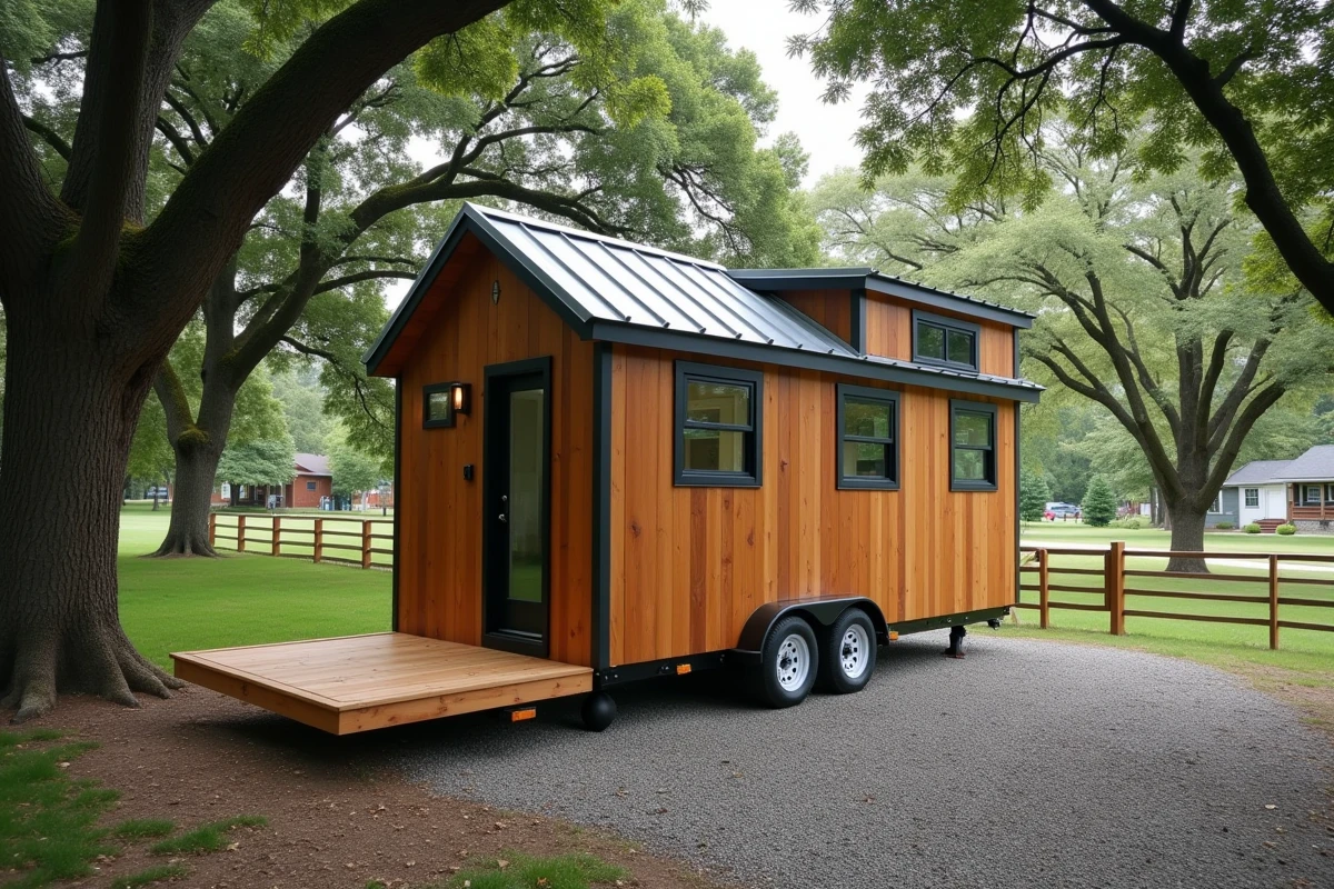 Tiny house sur roues installée sur un terrain privé semi-rural avec accès gravier
